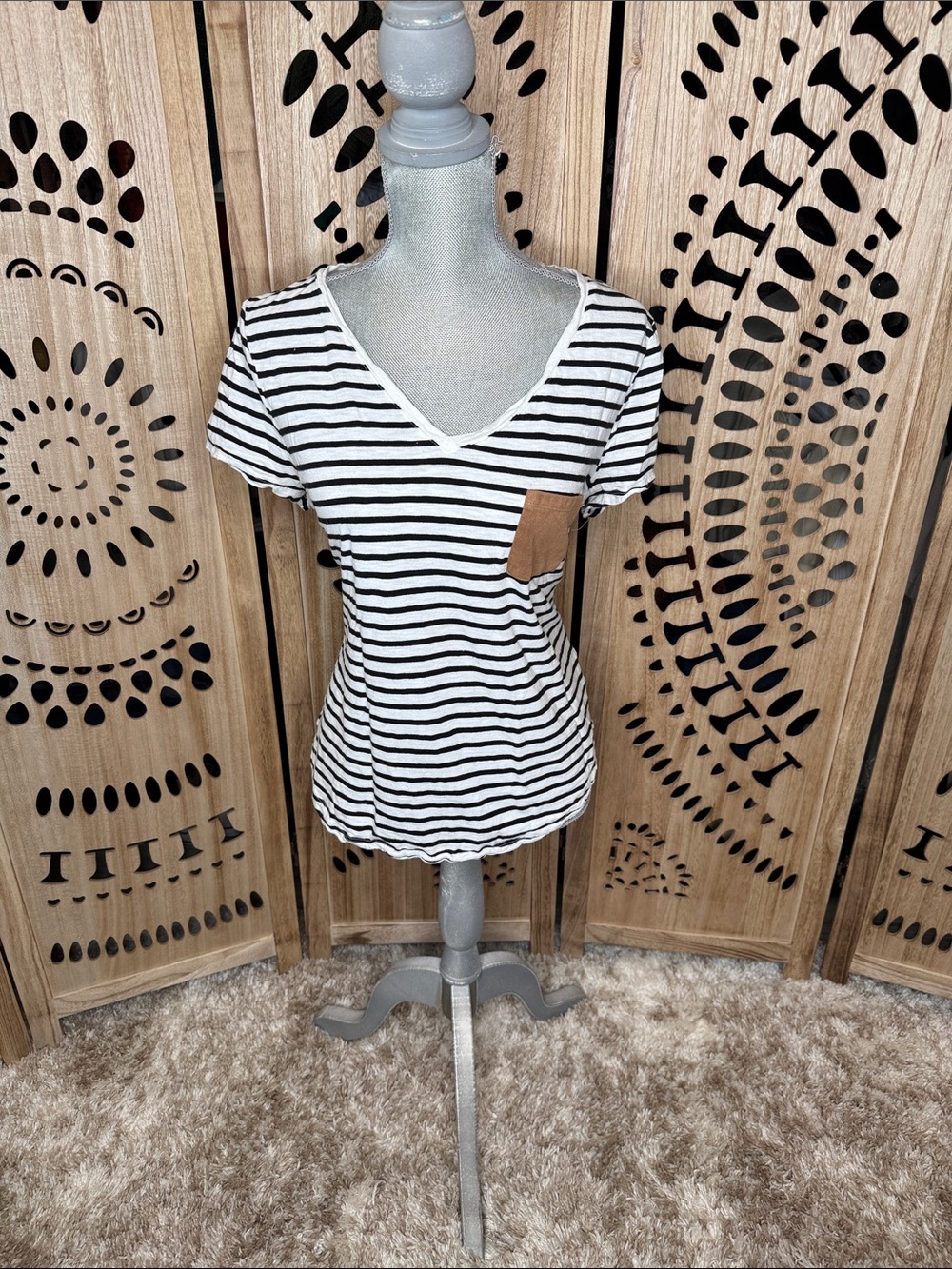 Maison Jules Black & White Striped V-Neck Tee with Tan Pocket